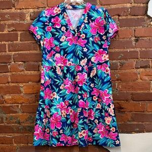 Aryah Floral V-Neck Dress‎ - Athletic Material Light Weight - Pink and Blue SZ L